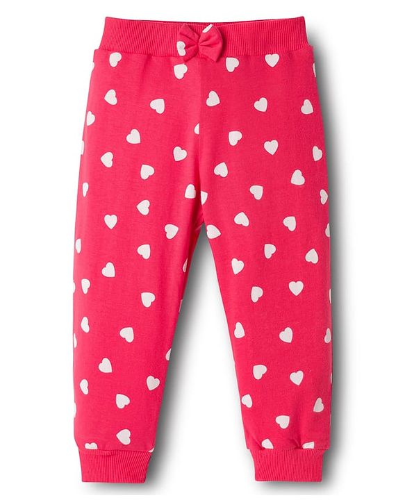 Babyhug Cotton Knit Full Length Heart & Floral Printed Lounge Pants With Bow Applique Pack of 2 - Multicolor