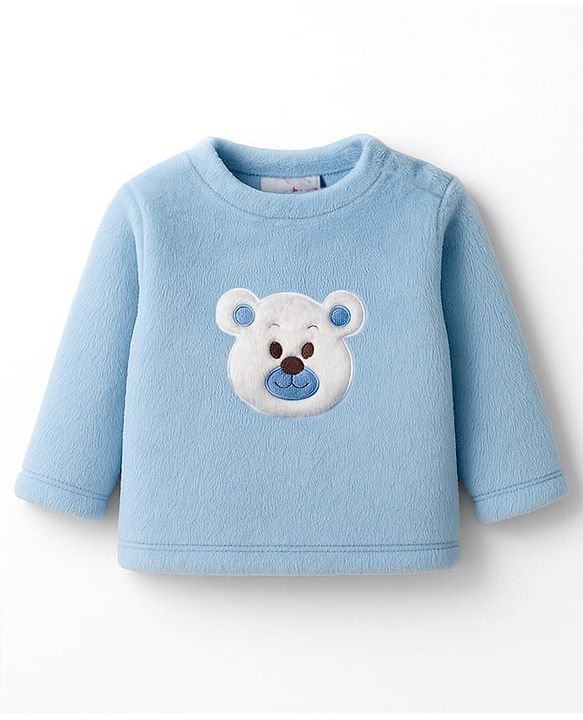 Babyhug Velour Cotton Knit Full Sleeves Winter Night Suit with Bear Design - Light Blue