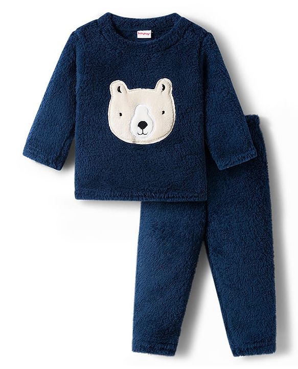 Babyhug Velour Knit Full Sleeves Winter Wear Night Suit With Bear Embriodery - Navy Blue