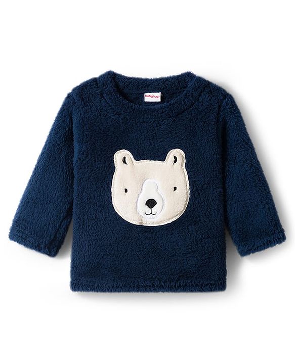 Babyhug Velour Knit Full Sleeves Winter Wear Night Suit With Bear Embriodery - Navy Blue