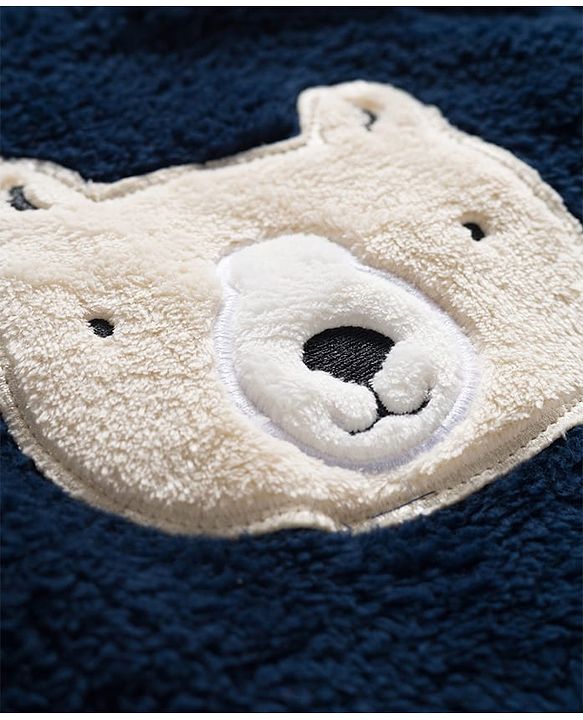 Babyhug Velour Knit Full Sleeves Winter Wear Night Suit With Bear Embriodery - Navy Blue