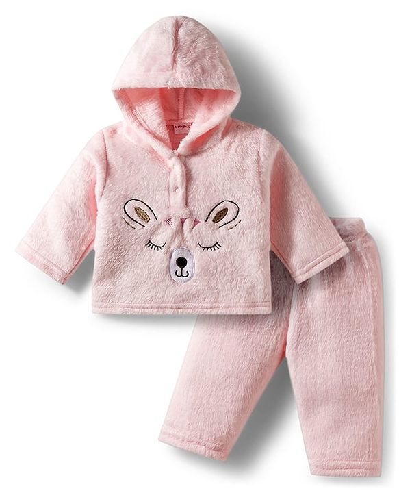 Babyhug Cotton Knit Full Sleeves Hooded Winter Wear Night Suit With Animal Face Embroidery - Pink