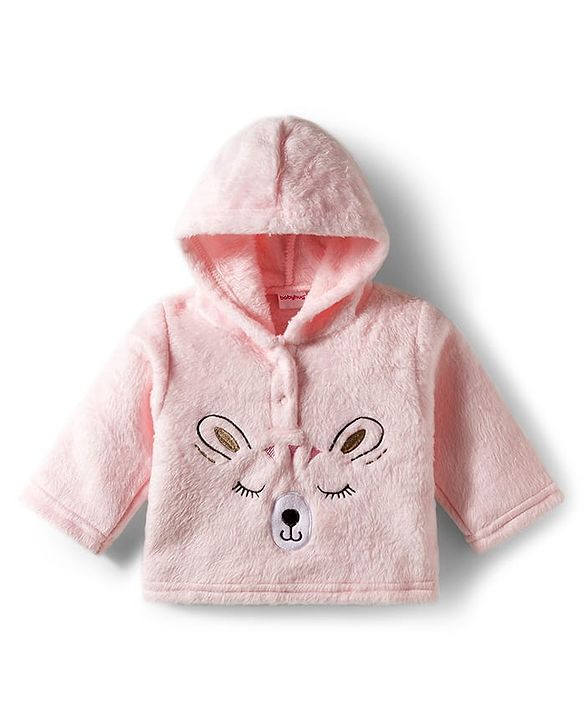 Babyhug Cotton Knit Full Sleeves Hooded Winter Wear Night Suit With Animal Face Embroidery - Pink