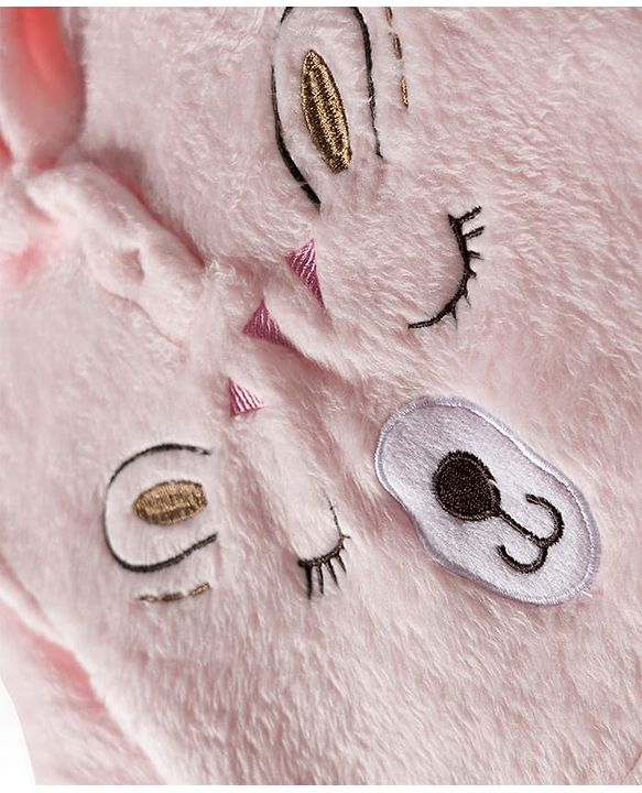 Babyhug Cotton Knit Full Sleeves Hooded Winter Wear Night Suit With Animal Face Embroidery - Pink