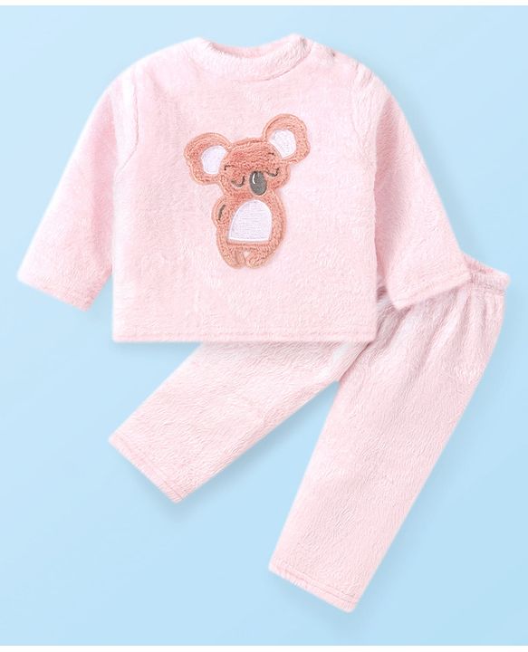 Babyhug Cotton Knit Full Sleeves Hooded Winter Wear Night Suit With Animal Face Embroidery - Pink