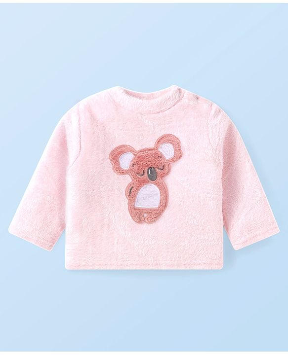 Babyhug Cotton Knit Full Sleeves Hooded Winter Wear Night Suit With Animal Face Embroidery - Pink