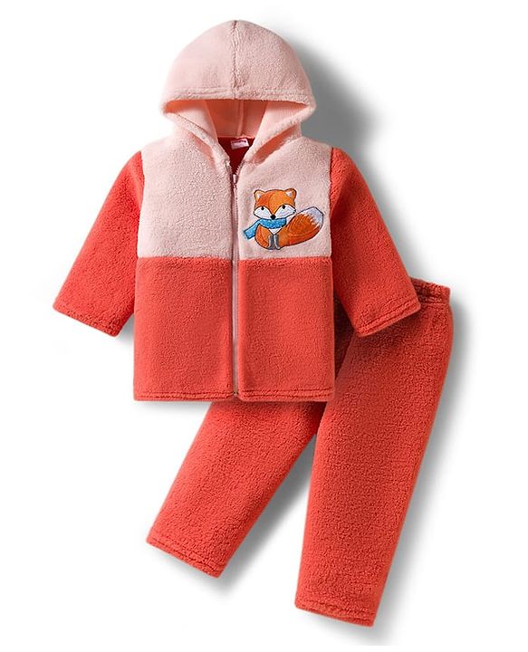 Babyhug Knit Full Sleeves Hooded Winter Night Suit With Animal Embroidery - Orange