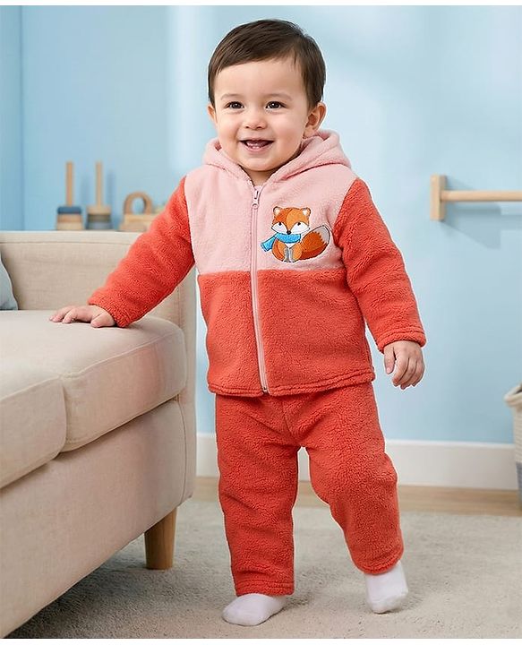 Babyhug Knit Full Sleeves Hooded Winter Night Suit With Animal Embroidery - Orange