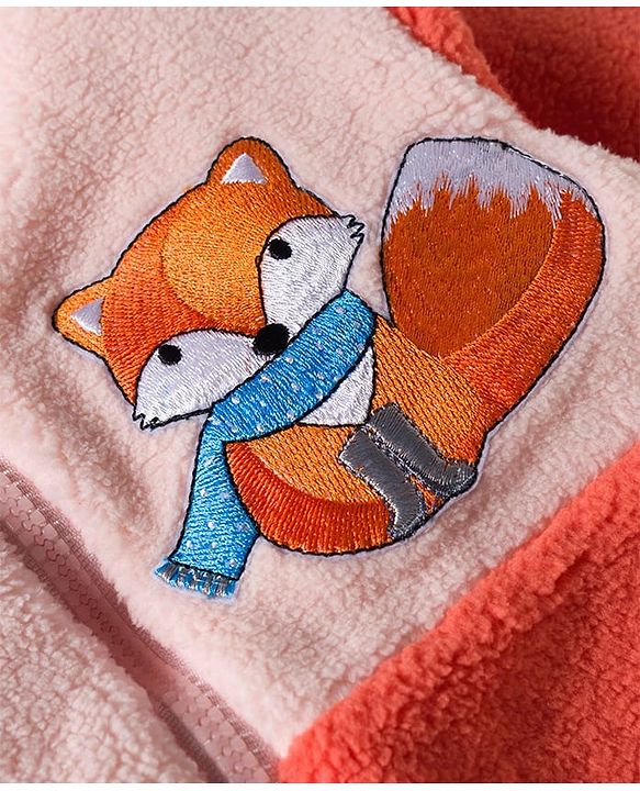 Babyhug Knit Full Sleeves Hooded Winter Night Suit With Animal Embroidery - Orange