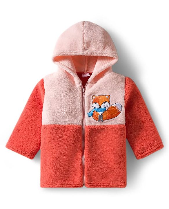 Babyhug Knit Full Sleeves Hooded Winter Night Suit With Animal Embroidery - Orange