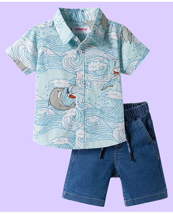Babyhug Cotton Woven Half Sleeves Shirt & Denim Shorts Set With Dolphin Print - Multicolor