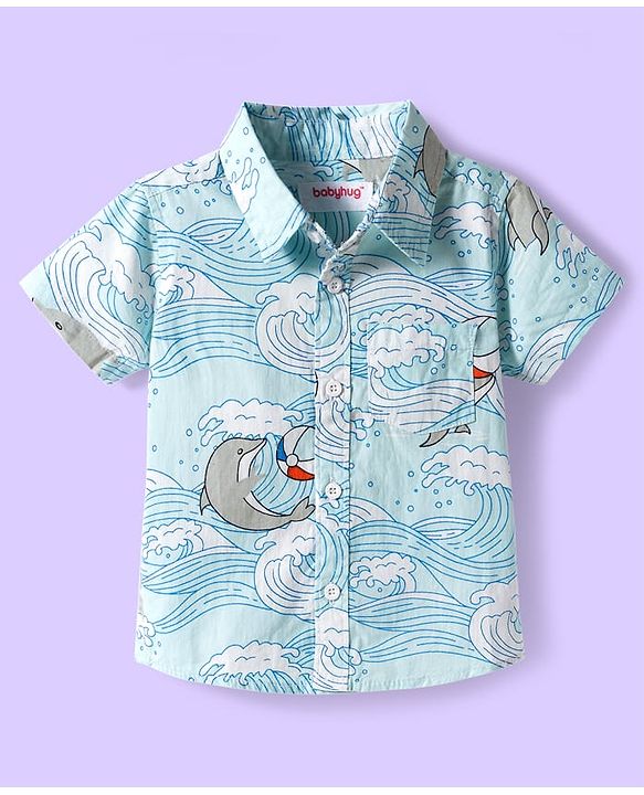 Babyhug Cotton Woven Half Sleeves Shirt & Denim Shorts Set With Dolphin Print - Multicolor