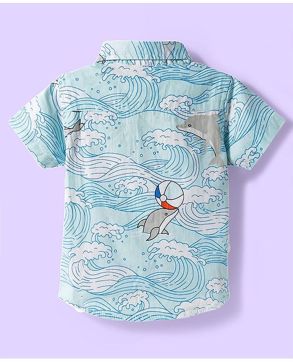 Babyhug Cotton Woven Half Sleeves Shirt & Denim Shorts Set With Dolphin Print - Multicolor