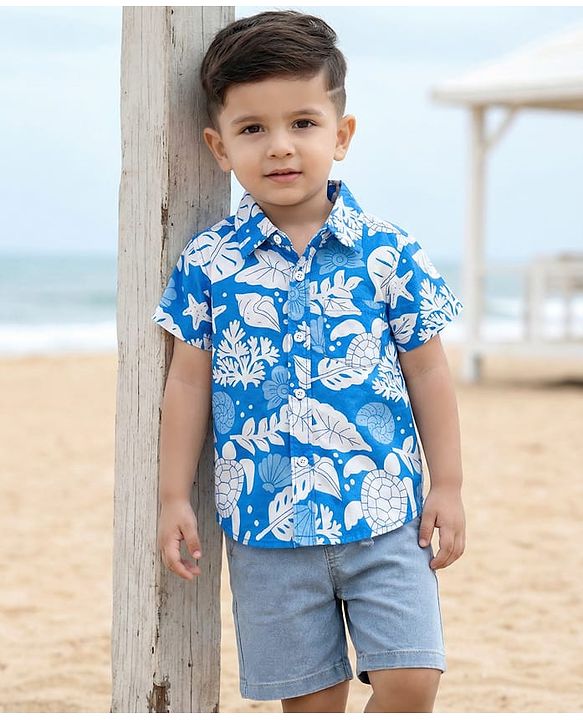 Babyhug Cotton Woven Half Sleeves Shirt & Denim Shorts Set With Sea Animals Print - Multicolor