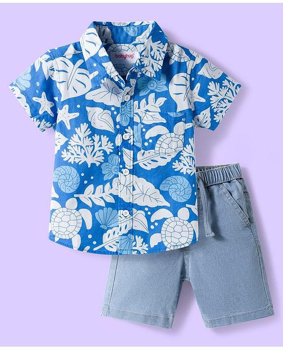 Babyhug Cotton Woven Half Sleeves Shirt & Denim Shorts Set With Sea Animals Print - Multicolor