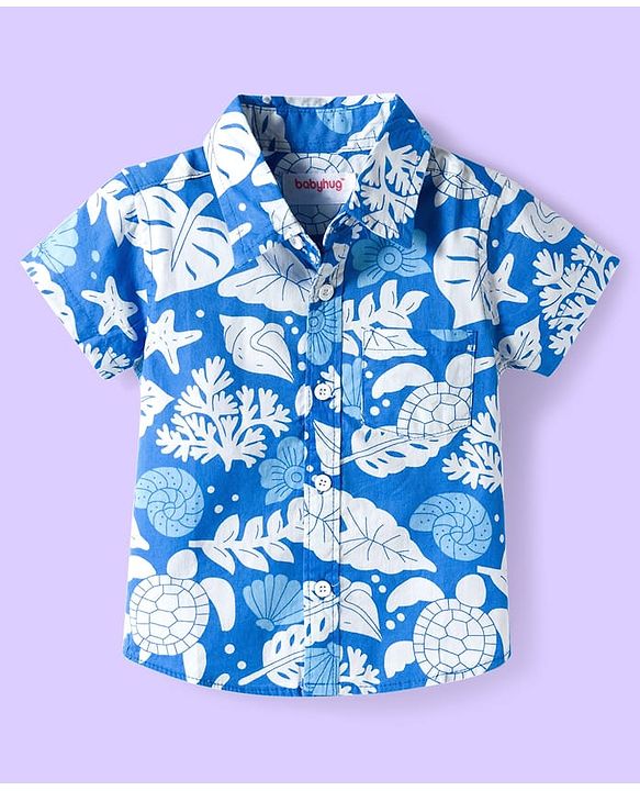 Babyhug Cotton Woven Half Sleeves Shirt & Denim Shorts Set With Sea Animals Print - Multicolor