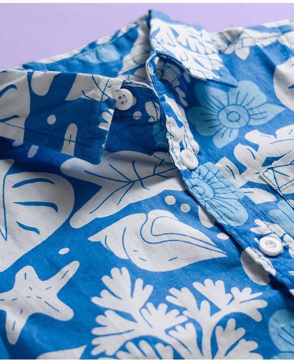 Babyhug Cotton Woven Half Sleeves Shirt & Denim Shorts Set With Sea Animals Print - Multicolor