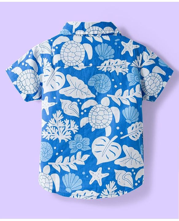 Babyhug Cotton Woven Half Sleeves Shirt & Denim Shorts Set With Sea Animals Print - Multicolor