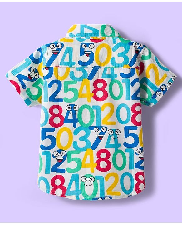 Babyhug Cotton Woven Half Sleeves Shirt & Denim Shorts Set With Numbers Print - Multicolor