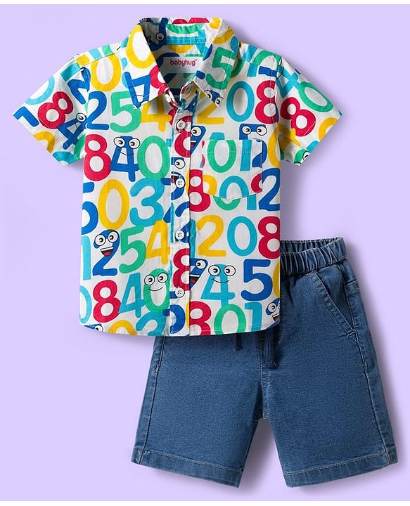 Babyhug Cotton Woven Half Sleeves Shirt & Denim Shorts Set With Numbers Print - Multicolor