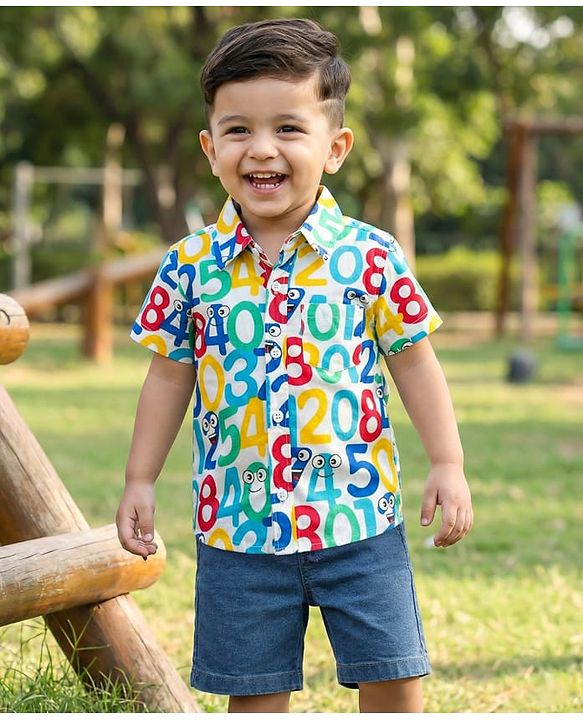 Babyhug Cotton Woven Half Sleeves Shirt & Denim Shorts Set With Numbers Print - Multicolor