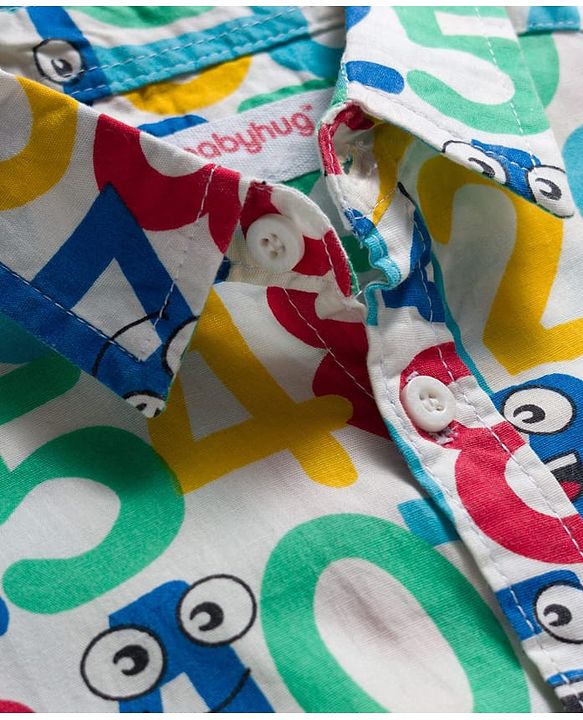 Babyhug Cotton Woven Half Sleeves Shirt & Denim Shorts Set With Numbers Print - Multicolor