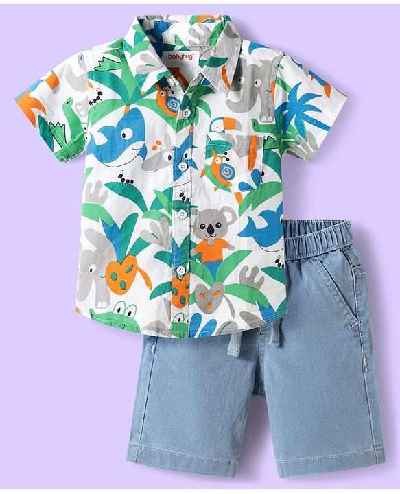 Babyhug Cotton Woven Half Sleeves Shirt & Denim Shorts Set With Animals Print - Multicolor