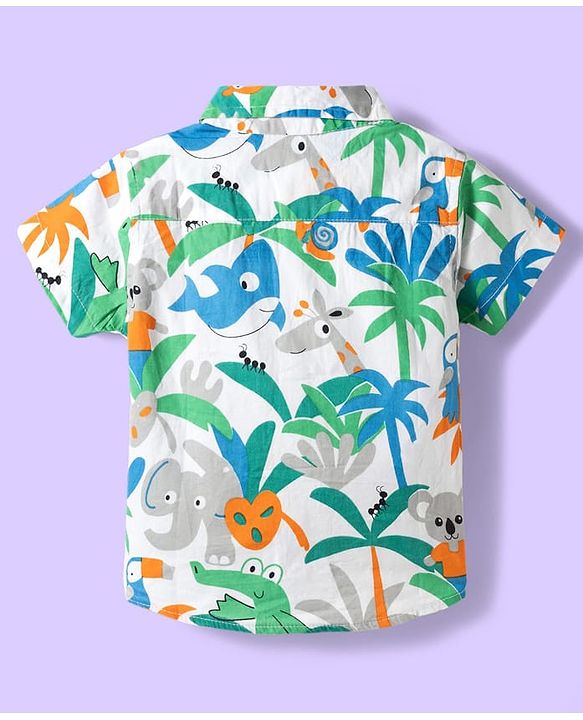 Babyhug Cotton Woven Half Sleeves Shirt & Denim Shorts Set With Animals Print - Multicolor