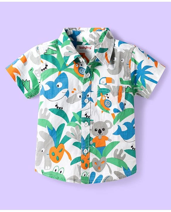 Babyhug Cotton Woven Half Sleeves Shirt & Denim Shorts Set With Animals Print - Multicolor