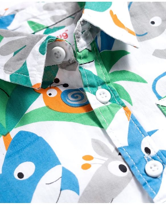 Babyhug Cotton Woven Half Sleeves Shirt & Denim Shorts Set With Animals Print - Multicolor