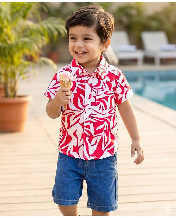 Babyhug Cotton Woven Half Sleeves Shirt & Denim Shorts Set With Leaf Print - Multicolor