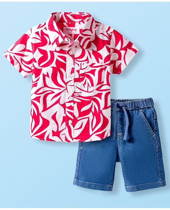 Babyhug Cotton Woven Half Sleeves Shirt & Denim Shorts Set With Leaf Print - Multicolor