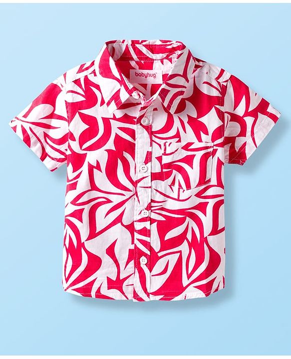 Babyhug Cotton Woven Half Sleeves Shirt & Denim Shorts Set With Leaf Print - Multicolor