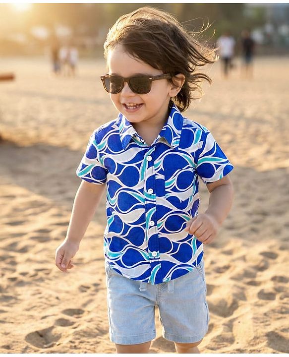 Babyhug Cotton Woven Half Sleeves Printed Shirt & Denim Shorts Set - Multicolor