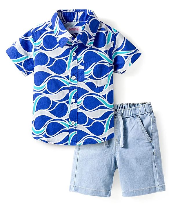 Babyhug Cotton Woven Half Sleeves Printed Shirt & Denim Shorts Set - Multicolor