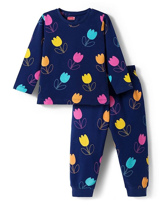 Babyhug Cotton Knit Full Sleeves Co-ord Night Suit With Floral Print - Navy Blue