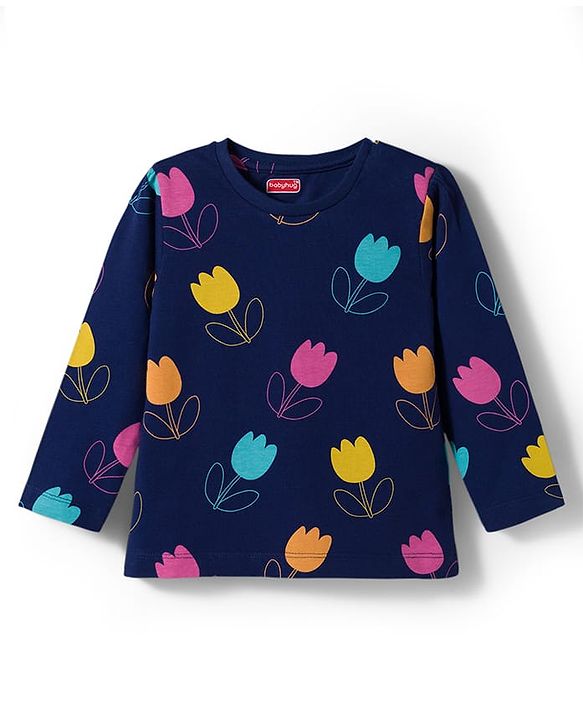 Babyhug Cotton Knit Full Sleeves Co-ord Night Suit With Floral Print - Navy Blue