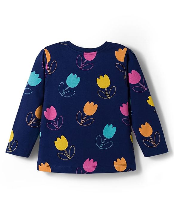 Babyhug Cotton Knit Full Sleeves Co-ord Night Suit With Floral Print - Navy Blue
