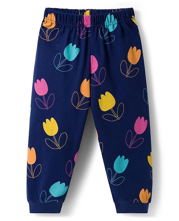 Babyhug Cotton Knit Full Sleeves Co-ord Night Suit With Floral Print - Navy Blue