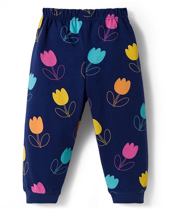 Babyhug Cotton Knit Full Sleeves Co-ord Night Suit With Floral Print - Navy Blue