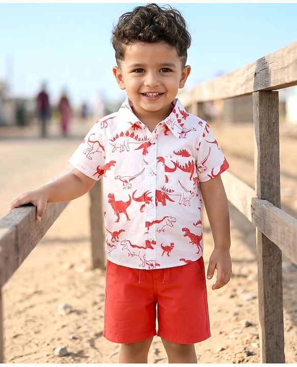 Babyhug Cotton Woven Half Sleeves Shirt & Denim Shorts Set With Dino Print - Multicolor