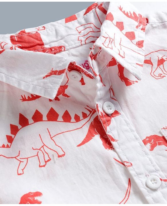Babyhug Cotton Woven Half Sleeves Shirt & Denim Shorts Set With Dino Print - Multicolor