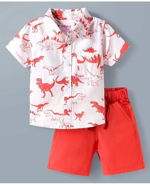Babyhug Cotton Woven Half Sleeves Shirt & Denim Shorts Set With Dino Print - Multicolor