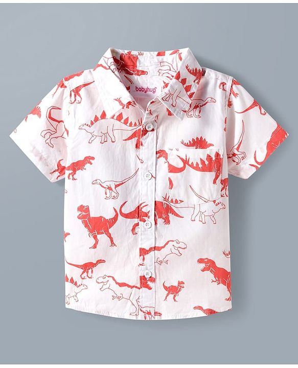 Babyhug Cotton Woven Half Sleeves Shirt & Denim Shorts Set With Dino Print - Multicolor