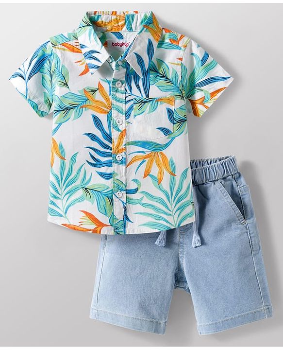 Babyhug Cotton Woven Half Sleeves Shirt & Denim Shorts Set With Leaf Print - Multicolor