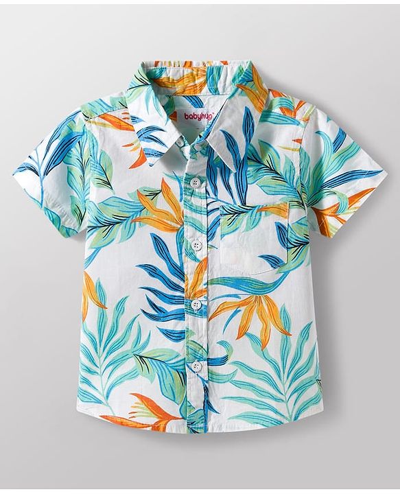 Babyhug Cotton Woven Half Sleeves Shirt & Denim Shorts Set With Leaf Print - Multicolor