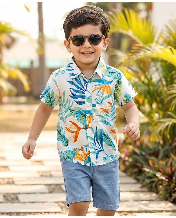 Babyhug Cotton Woven Half Sleeves Shirt & Denim Shorts Set With Leaf Print - Multicolor