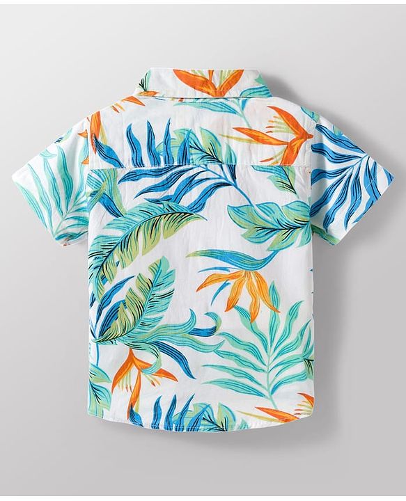 Babyhug Cotton Woven Half Sleeves Shirt & Denim Shorts Set With Leaf Print - Multicolor