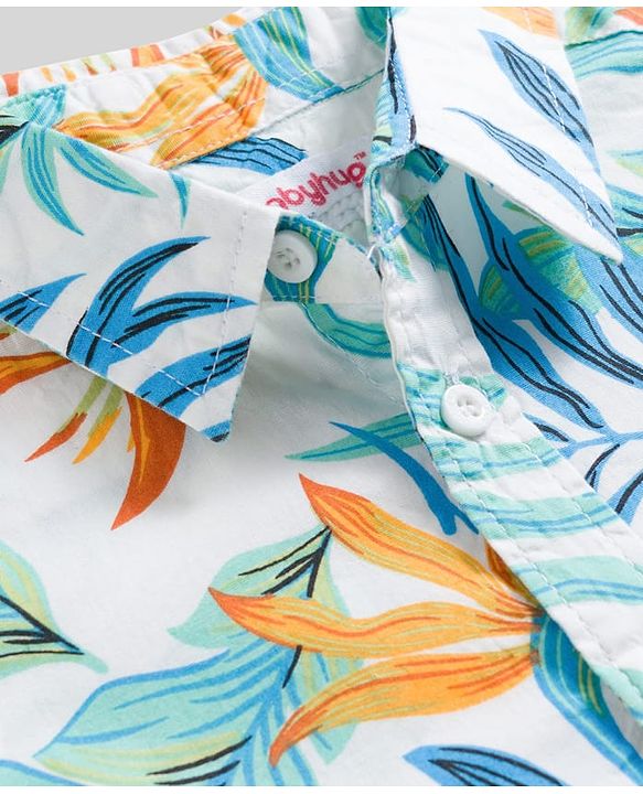 Babyhug Cotton Woven Half Sleeves Shirt & Denim Shorts Set With Leaf Print - Multicolor