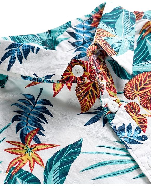 ToffyHouse Cotton Woven Half Sleeves Shirt & Denim Shorts Set with Tropical Theme Print - Blue